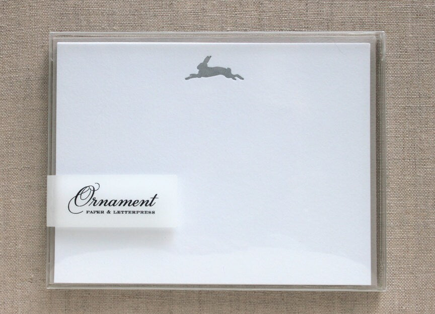 Flat Card Set with Letterpress Rabbit in matte silver