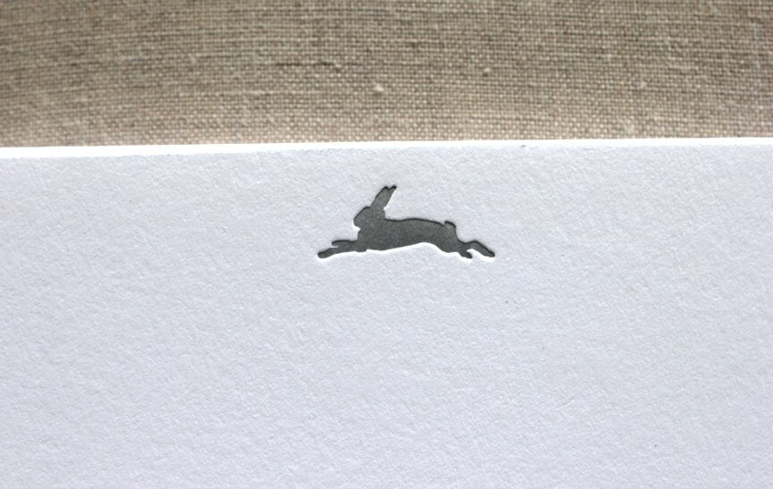 Flat Card Set with Letterpress Rabbit in matte silver