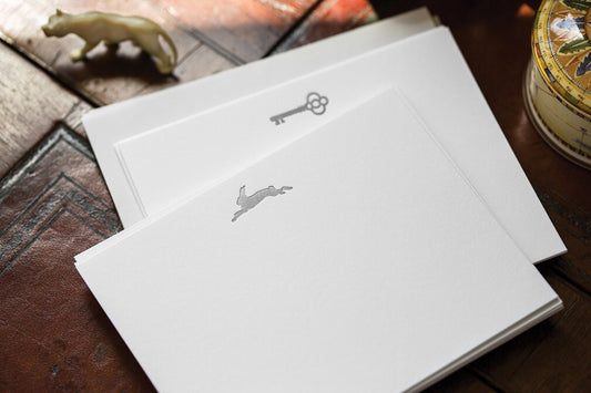 Flat Card Set with Letterpress Rabbit in matte silver