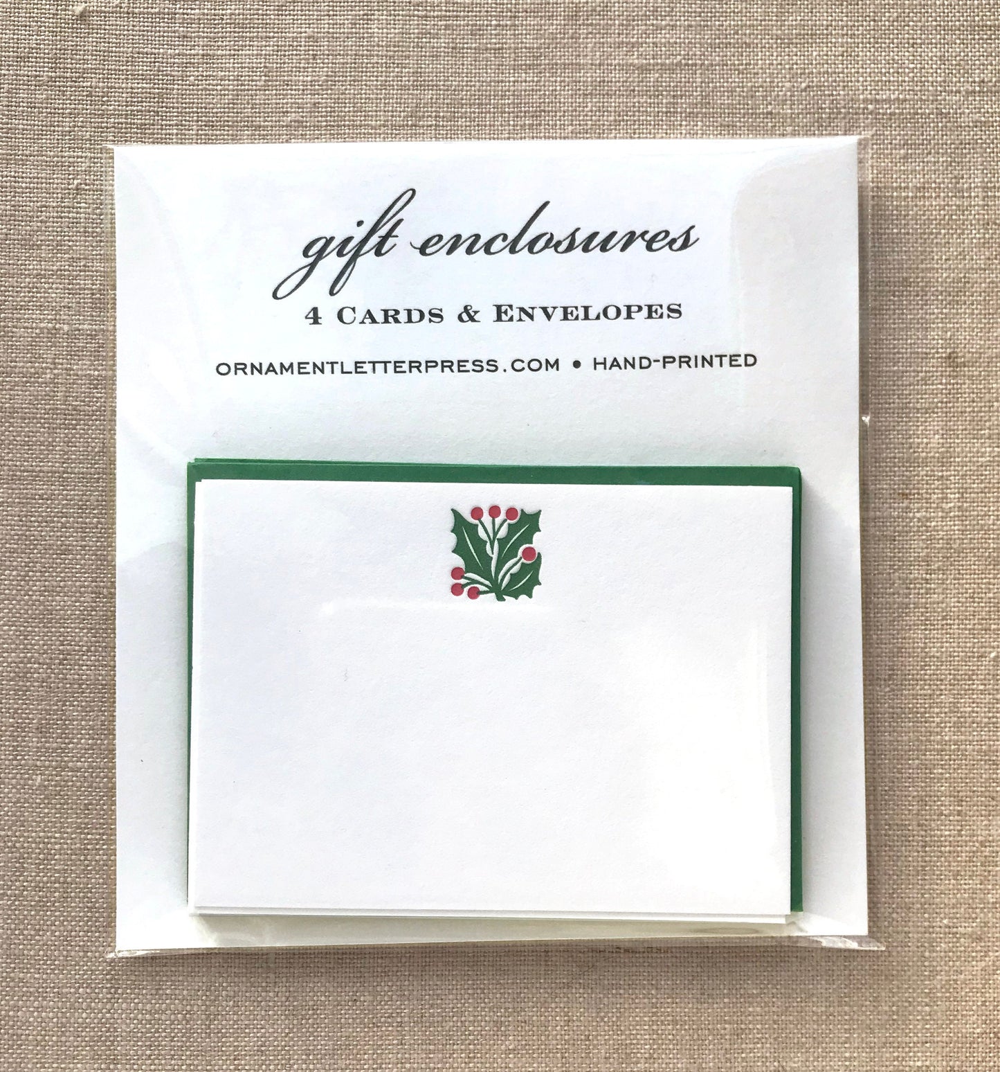Set of four Gift Enclosures with Letterpress Holly